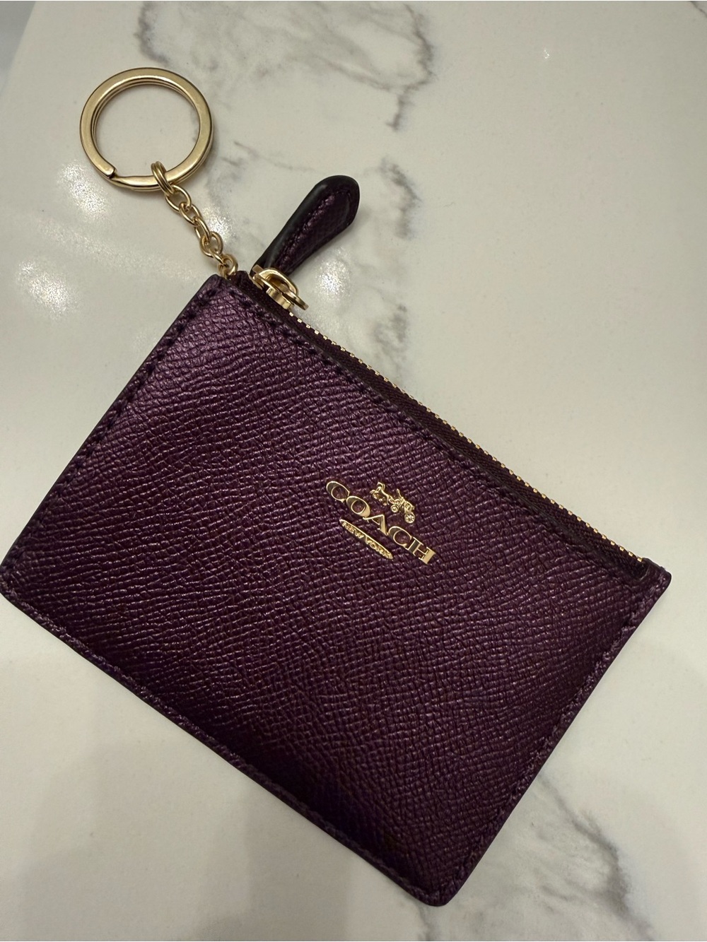 Coach Metallic Raspberry Leather Zip Card Case with Key Ring